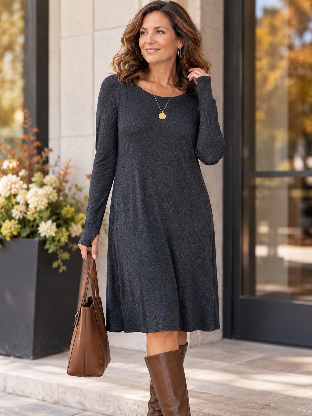 EILEEN FISHER Charcoal Gray Jersey Knee Length Dress Size Large Thumb Holes
